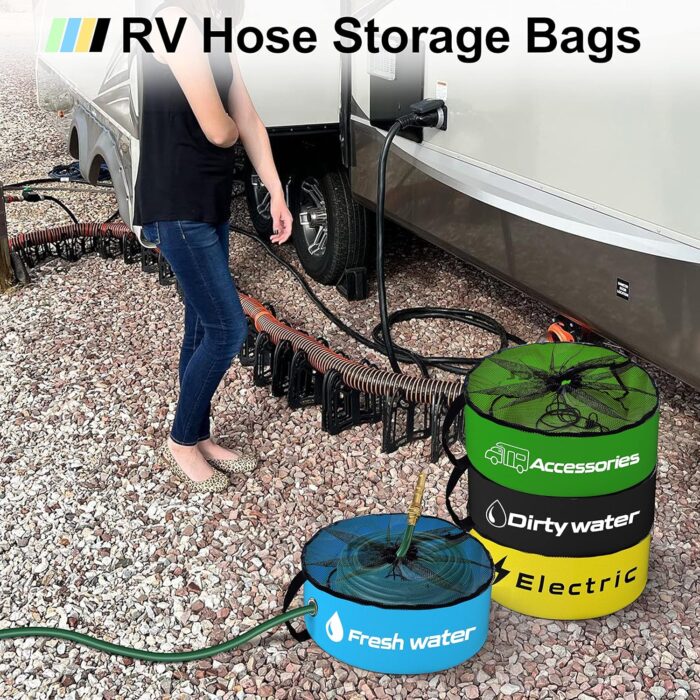 RV Storage and Organization Bag 4 Pack Camper Waterproof RV Accessories Storage and Organizer Bags for Sewer Hoses, Fresh & Waste Water Hoses, Electrical Cords (black/blue/yellow/green) - Image 4
