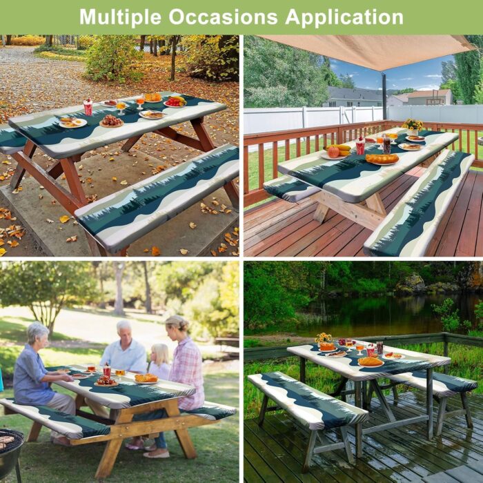 Picnic Table Cover with Bench Covers Camping Essentials Waterproof Windproof Camping Tablecloth with Drawstring Bag, Fitted Rectangle Tables and Seats, 72in, Green Blue - Image 7