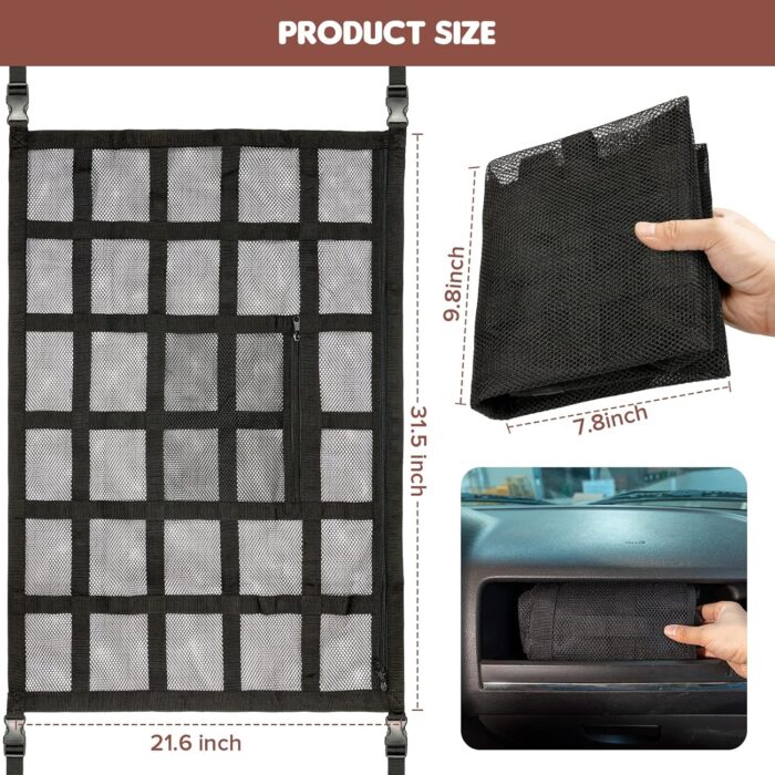 Upgrade Car Ceiling Cargo Net Pocket,31.5"x21.6" Strengthen Load-Bearing and Double-Layer Mesh Car Roof Storage Organizer,Truck SUV Van Travel Long Road Trip Camping Interior Accessories - Image 8