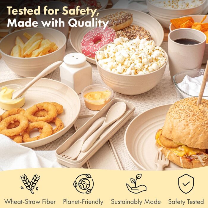 FOODLE Wheat Straw Dinnerware Set - BPA Free & Safety Tested - Unbreakable, Microwave & Dishwasher Safe Dishes - Picnic, RV, Dorm, Camping Plates Cups and Bowls - Great for Kids & Adults - For 4 - Image 3