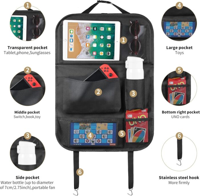 LUCMO Car Backseat Organizer with Touch Screen Tablet Holder,9 Storage Pockets Storage Organizer,Protectors Kick Mats Travel Accessories (Black, 2 Pack with Food Tray) - Image 8
