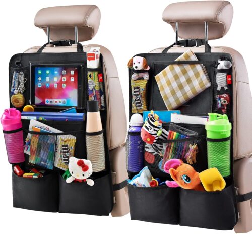 Backseat Car Organizer, Kick Mats Back Seat Protector with Touch Screen Tablet Holder, Back Seat Organizer for Kids, Travel Accessories with 9 Storage Pockets 2 Pack, Black