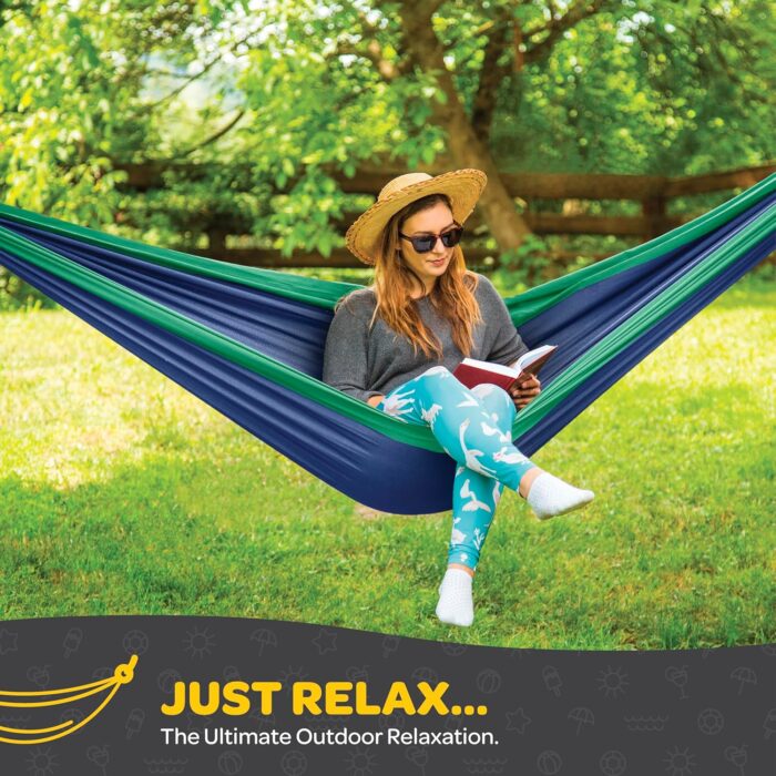Durable Hammock 400 lb Capacity, Nylon Camping Hammock Chair - Double or Single Sizes w/Tree Straps and Attached Carry Bag - Portable for Travel/Backpacking/Beach/Backyard (Medium, Blue & Light Blue) - Image 2