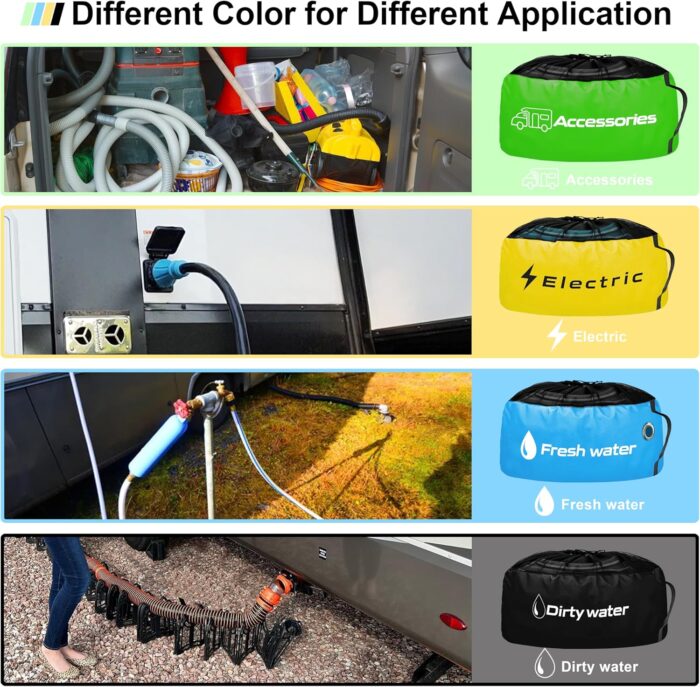 RV Storage and Organization Bag 4 Pack Camper Waterproof RV Accessories Storage and Organizer Bags for Sewer Hoses, Fresh & Waste Water Hoses, Electrical Cords (black/blue/yellow/green) - Image 3
