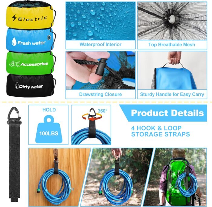 RV Storage and Organization Bag 4 Pack Camper Waterproof RV Accessories Storage and Organizer Bags for Sewer Hoses, Fresh & Waste Water Hoses, Electrical Cords (black/blue/yellow/green) - Image 6