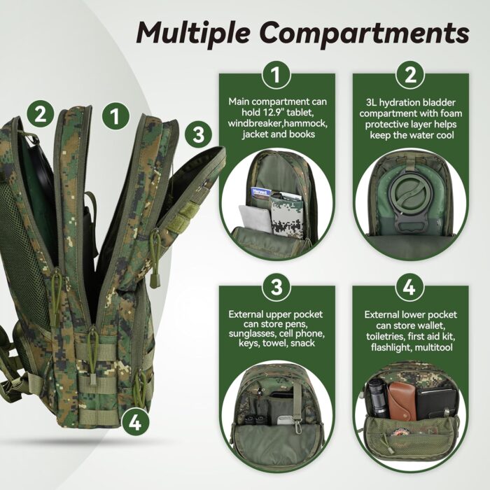 MARCHWAY Tactical Molle Hydration Pack with 3L TPU Water Bladder, Military Backpack for Backpacking, Hiking, Running, Cycling - Image 4