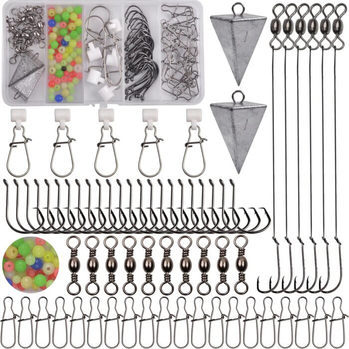 Saltwater Surf Fishing Tackle Kit - 98pcs Surf Fishing Rig Fish Finder Rig Live Bait Rigs Include Pyramid Weights Fishing Hooks Sinker Slider Fishing Swivel for Saltwater Fishing Accessories