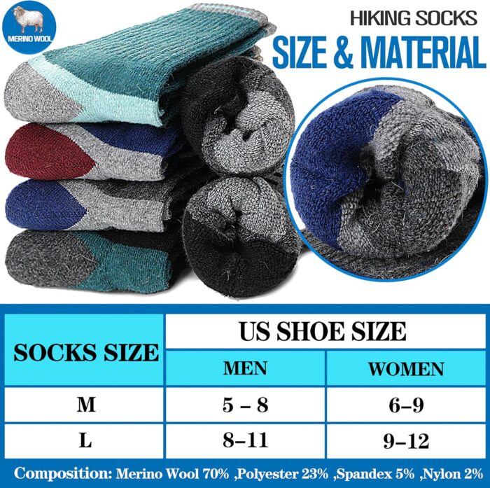 5 Pairs Merino Wool Hiking Socks Warm Thermal Winter Cozy Cushioned Moisture Wicking Socks for Women & Men - Image 5