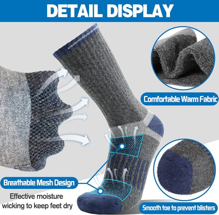 5 Pairs Merino Wool Hiking Socks Warm Thermal Winter Cozy Cushioned Moisture Wicking Socks for Women & Men - Image 4