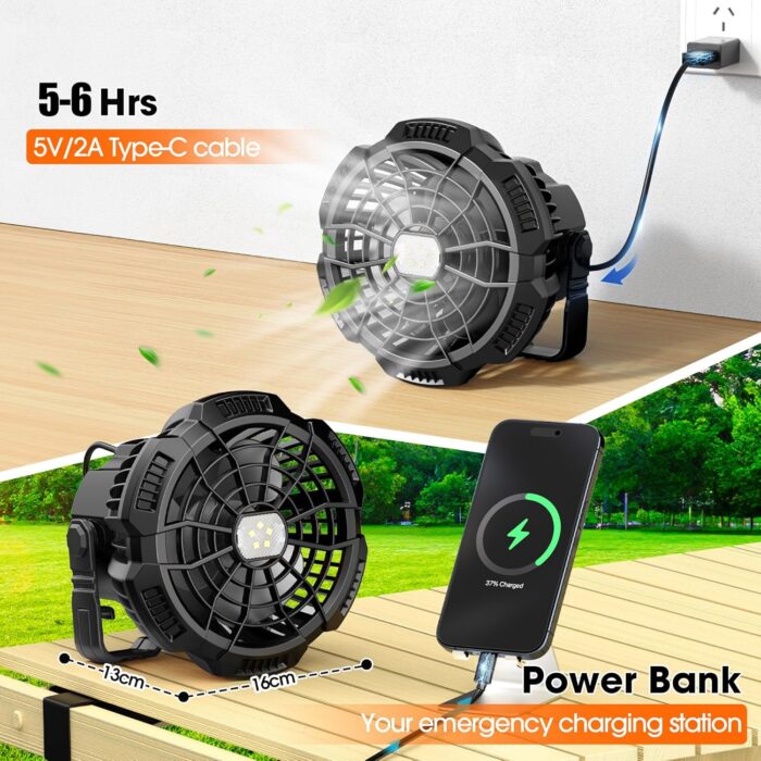 15000mAh Portable Camping Fan with Lantern, Rechargeable Battery Operated Fans with Hook, Glamping Tent Hanging Fan for RV Travel,Car Camping Essentials Accessories,Hiking Gear,Hurricane Survival Gear - Image 6