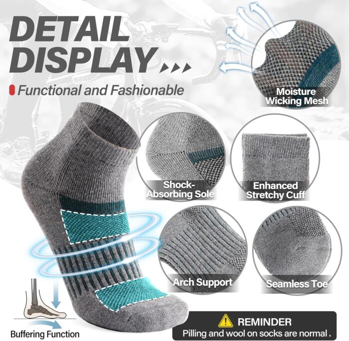 6 Pairs Merino Wool Ankle Running Hiking Socks Compression Support Breathable Thick Cushion No Show Socks for Women Men - Image 4