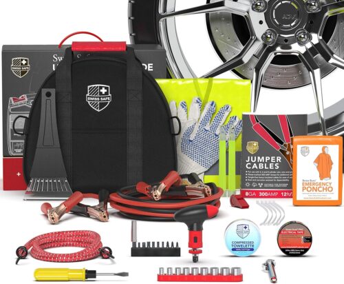 Swiss Safe 2-in-1 Survival Car Emergency Kit for Vehicles - Compact & Portable Car Safety Kit w/Travel Bag + Bonus Car First Aid Kit (378 Piece) - 12-Foot Jumper Cables - Auto Essentials