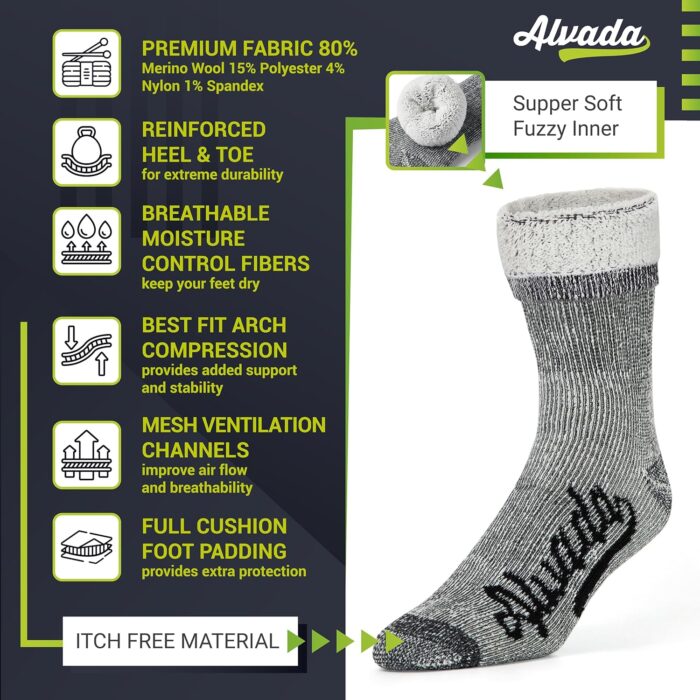 Alvada Merino Wool Hiking Socks Thermal Warm Crew Winter Boot Sock For Men & Women 3 Pairs - Image 3