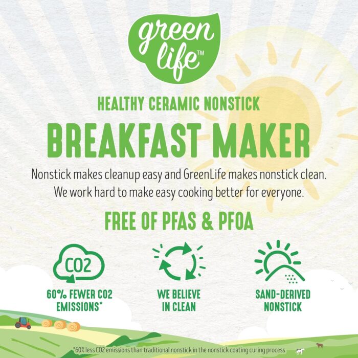 GreenLife 3-in-1 Breakfast Maker Station, Healthy Ceramic Nonstick Dual Griddles for Eggs Meat Sausage Bacon Pancakes and Breakfast Sandwiches, 2 Slice Toast Drawer, Easy-to-use Timer, Turquoise - Image 10