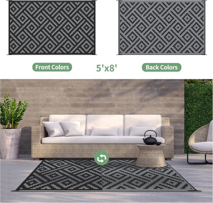GENIMO Outdoor Rug for Patio Clearance,5'x8' Waterproof Mat,Reversible Plastic Camping Rugs,Rv,Porch,Deck,Camper,Balcony,Backyard,Black & Gray - Image 4