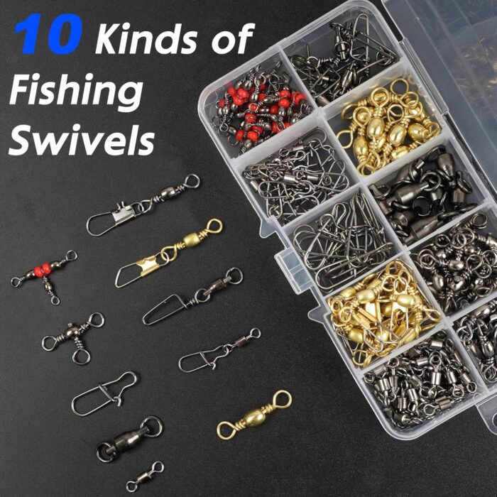 175pcs Fishing Swivels Snaps Kit - Ball Bearing Barrel Swivel 3 Way Swivels Fishing Tackle Line Connector Terminal Accessories Tackle Box for Lures Sinkers - Image 3