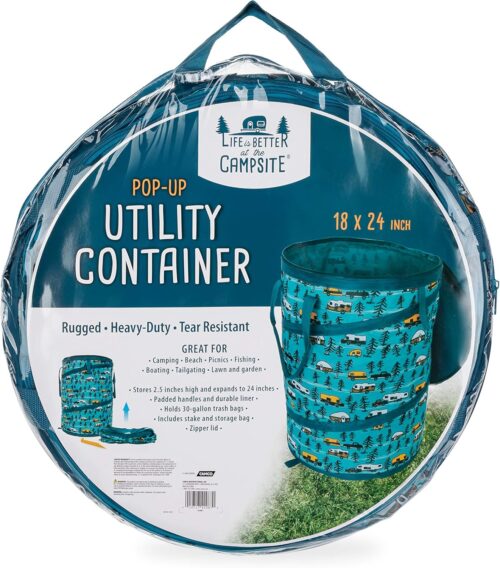 Camco Life is Better at The Campsite Pop-Up Utility Container - 18 x 24-inch - A Compact Size for Multi-Purpose Use - Sketched RVs and Trees Pattern (42987)