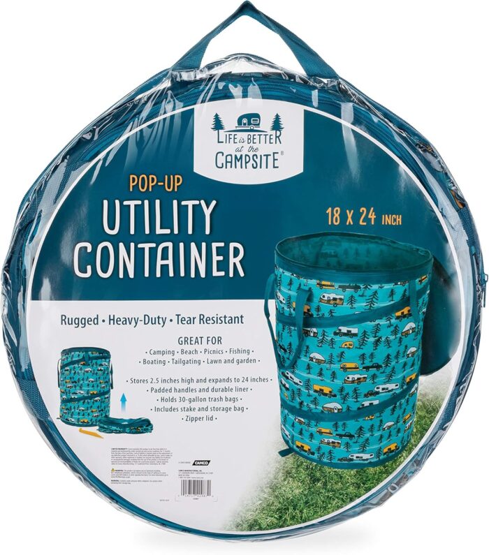Camco Life is Better at The Campsite Pop-Up Utility Container - 18 x 24-inch - A Compact Size for Multi-Purpose Use - Sketched RVs and Trees Pattern (42987)