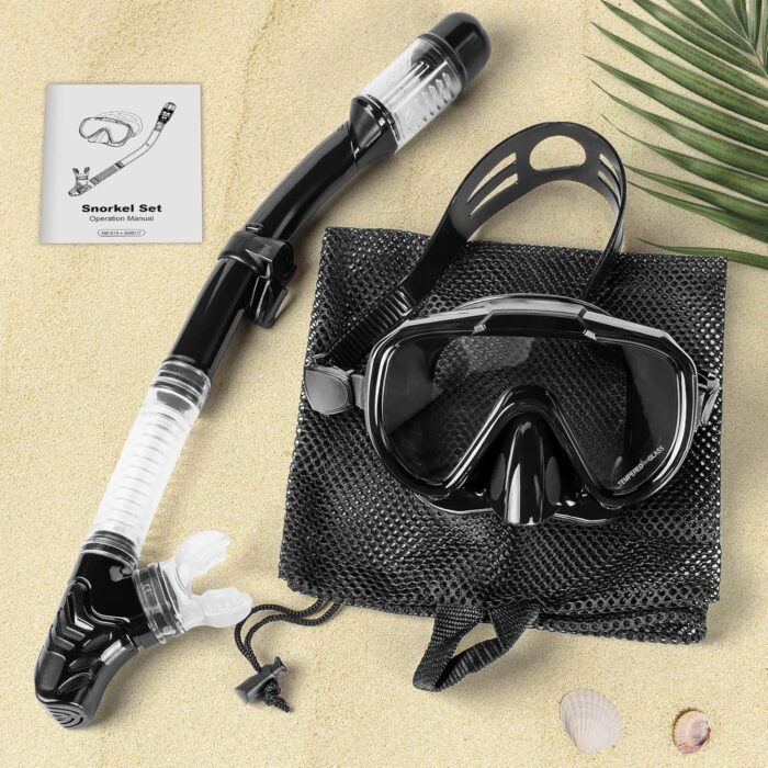 Snorkel Set, Zipoute Snorkel Dry Top Snorkeling Gear for Adults, Panoramic Anti-Leak and Anti-Fog Tempered Glass Lens, Adults Adjustable Snorkeling Set, Scuba Diving Swimming Training Snorkel Kit - Image 7