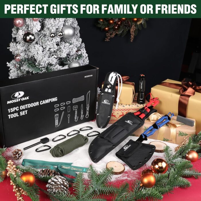 Mossy Oak Hatchet and Machete Knife Set with Sheath, One-Piece Axe & Hunting Knives with Paracord Handle, Zoomable Flashlight, Many Other Tools, Ideal Gift for Men Who Likes Hunting Outdoor Adventure - Image 2