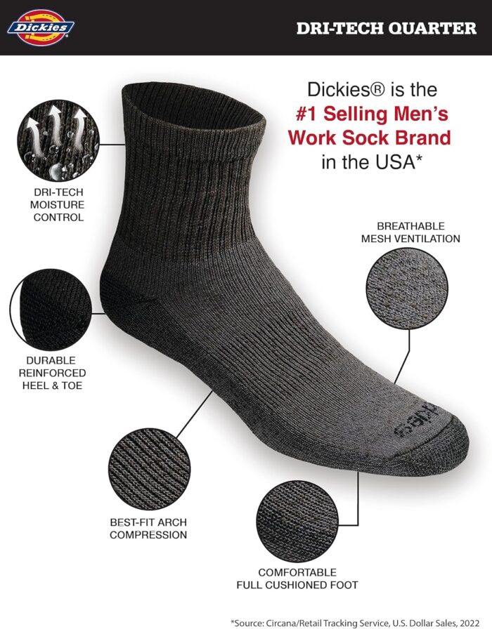 Dickies Men's Dri-tech Moisture Control Quarter Socks, Available in M-XXL (6, 12, 18 Pairs) - Image 2