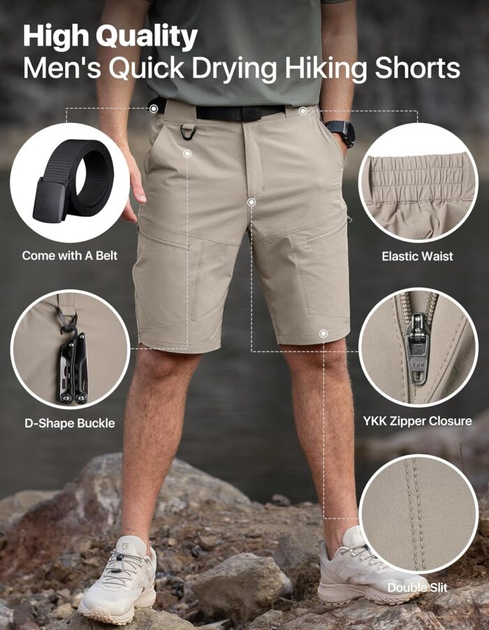 Mens Hiking Shorts Water Resistant Quick Dry Lightweight Breathable Cargo Shorts with Zipper Pockets & Belt - Image 4
