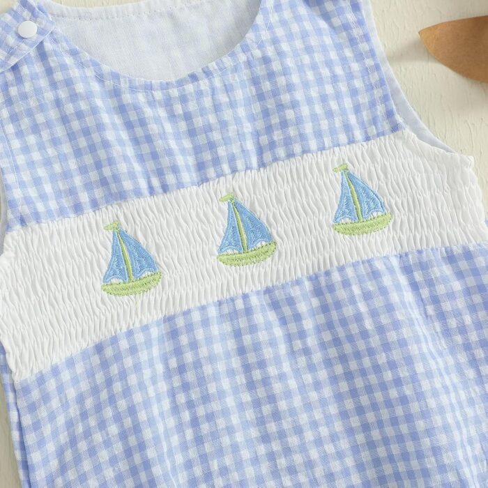 Baby Girl Boy Summer Clothes Sailing Boat Embroidery Gingham Sleeveless Romper Bodysuit Outfit 0 3 6 9 12 18 Months - Image 5