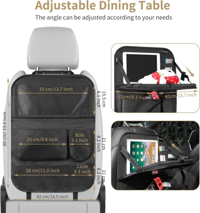 LUCMO Car Backseat Organizer with Touch Screen Tablet Holder,9 Storage Pockets Storage Organizer,Protectors Kick Mats Travel Accessories (Black, 2 Pack with Food Tray) - Image 7