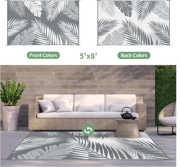GENIMO Outdoor Rug 5' x 8' Waterproof for Patios Clearance, Reversible Plastic Straw Camping Carpet, Large Area Rugs Mats for RV, Picnic, Backyard, Deck, Balcony, Porch, Beach, Grey&White - Image 2