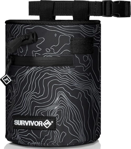 SURVIVOR Chalk Bag - Iconic Topographical Map, Draw String Closure, 2 Zippered Pockets, & Brush Holder - Chalk Bag for Rock Climbing, Bouldering, Weightlifting, Gymnastics & More
