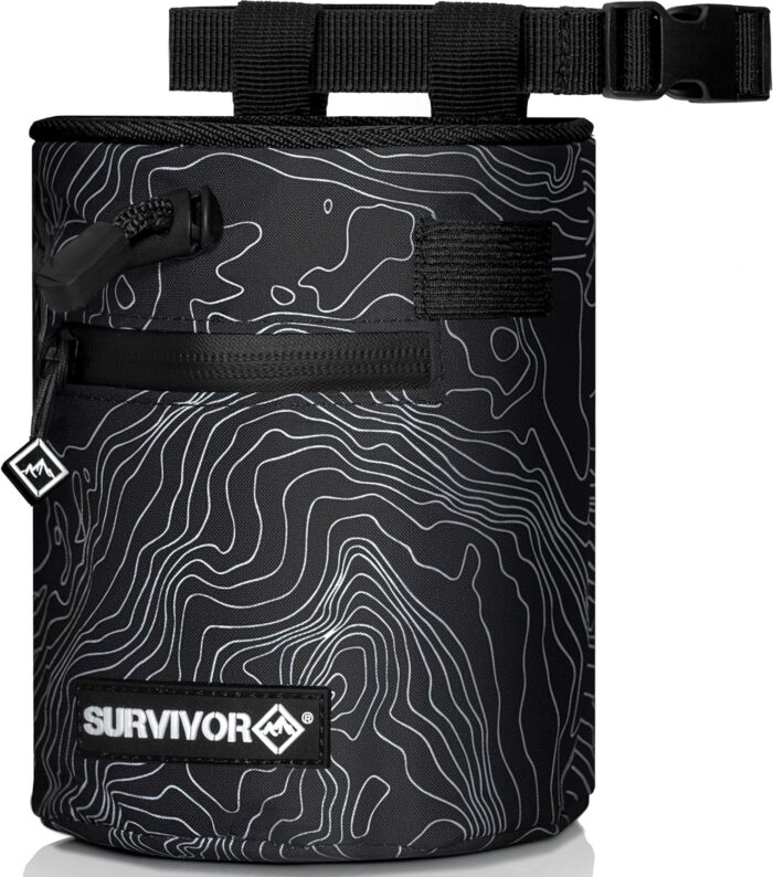 SURVIVOR Chalk Bag - Iconic Topographical Map, Draw String Closure, 2 Zippered Pockets, & Brush Holder - Chalk Bag for Rock Climbing, Bouldering, Weightlifting, Gymnastics & More
