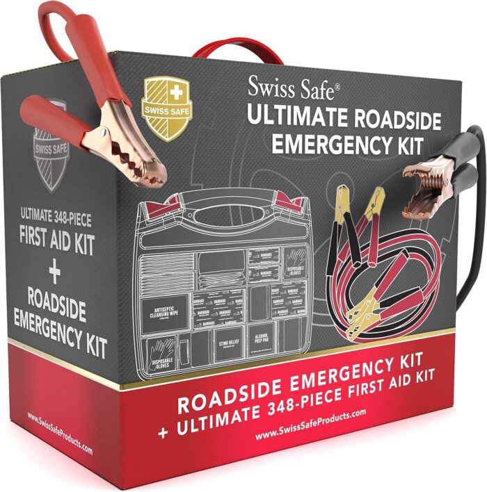Swiss Safe 2-in-1 Survival Car Emergency Kit for Vehicles - Compact & Portable Car Safety Kit w/Travel Bag + Bonus Car First Aid Kit (378 Piece) - 12-Foot Jumper Cables - Auto Essentials - Image 8