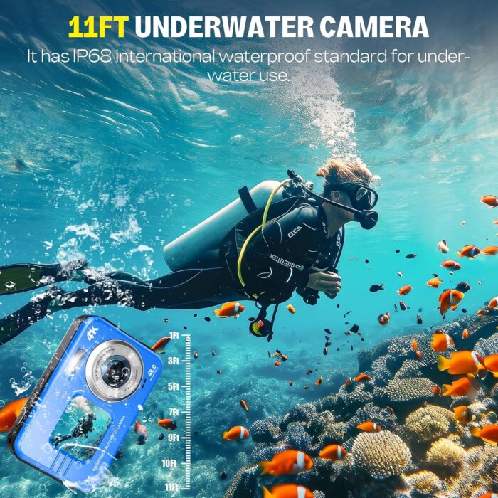 Underwater Camera, Selfie Dual Screens 4K 48MP 11FT Autofocus Waterproof Digital Camera for Snorkeling,16X Zoom, 64GB Card, 2 Batteries, Fill Light (Blue) - Image 5