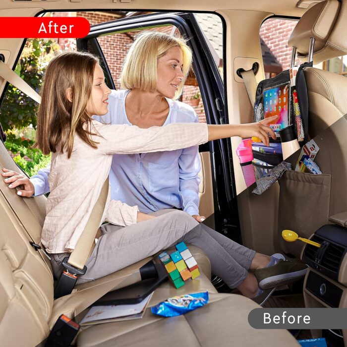Backseat Car Organizer, Kick Mats Back Seat Protector with Touch Screen Tablet Holder, Back Seat Organizer for Kids, Travel Accessories with 9 Storage Pockets 2 Pack, Black - Image 3