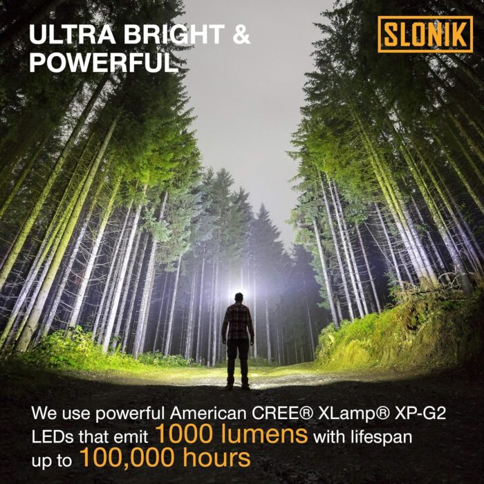 SLONIK Rechargeable Headlamp for Adults - 1000 Lumens Super Bright 60 ft Beam LED Flashlight - Lightweight, Heavy-Duty, IPX4 Waterproof Hard Hat Light - Camping Gear, Running Headlight, Black - Image 3