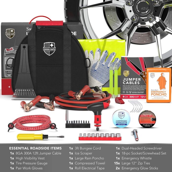 Swiss Safe 2-in-1 Survival Car Emergency Kit for Vehicles - Compact & Portable Car Safety Kit w/Travel Bag + Bonus Car First Aid Kit (378 Piece) - 12-Foot Jumper Cables - Auto Essentials - Image 4
