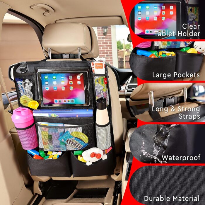 Backseat Car Organizer, Kick Mats Back Seat Protector with Touch Screen Tablet Holder, Back Seat Organizer for Kids, Travel Accessories with 9 Storage Pockets 2 Pack, Black - Image 4