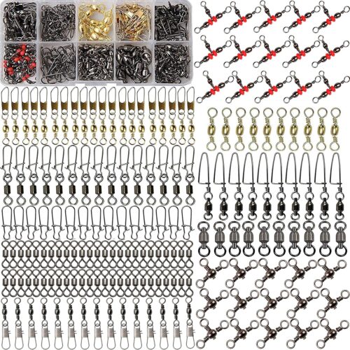 175pcs Fishing Swivels Snaps Kit - Ball Bearing Barrel Swivel 3 Way Swivels Fishing Tackle Line Connector Terminal Accessories Tackle Box for Lures Sinkers