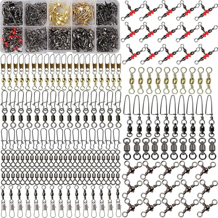 175pcs Fishing Swivels Snaps Kit - Ball Bearing Barrel Swivel 3 Way Swivels Fishing Tackle Line Connector Terminal Accessories Tackle Box for Lures Sinkers